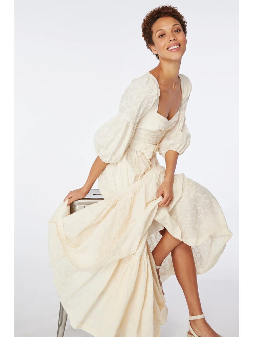 NWT Amur Etta Embroidery Eyelet Cotton Tier Maxi Dress Size 6 Natural #9E606